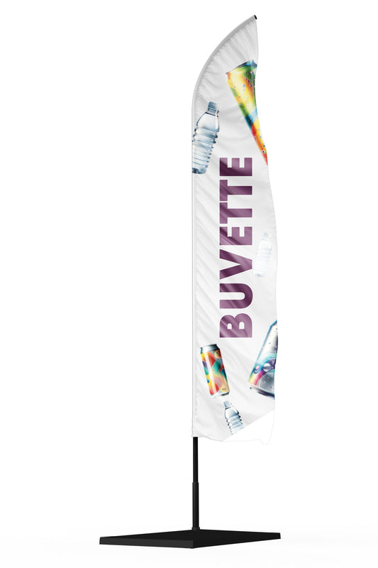 Tente personnalisée buvette sur une toile blanche avec des canettes de sodas réalistes et des bouteilles d'eau
