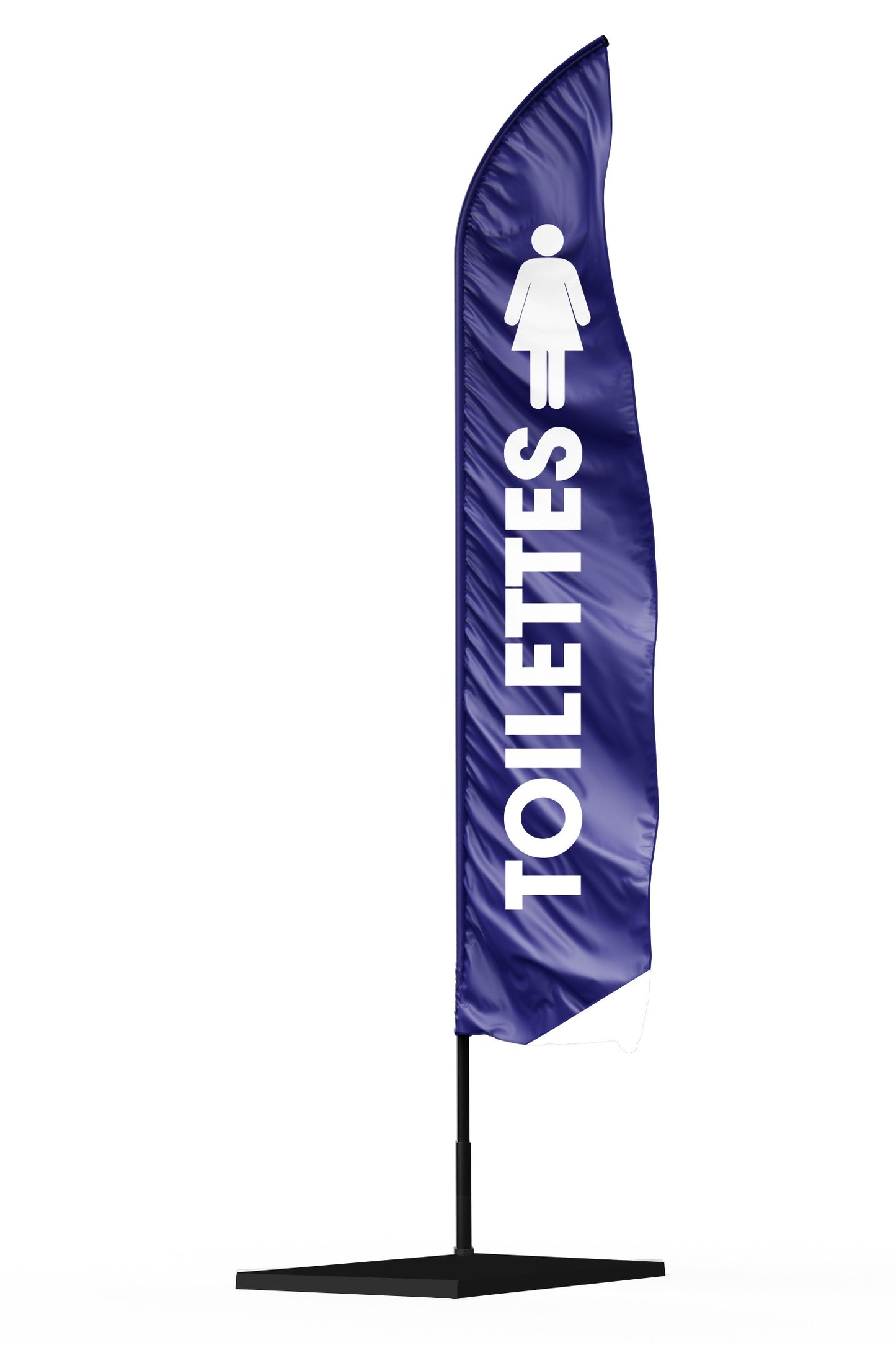 Drapeau signalétique bleu toilette avec picto femme de couleur blanche