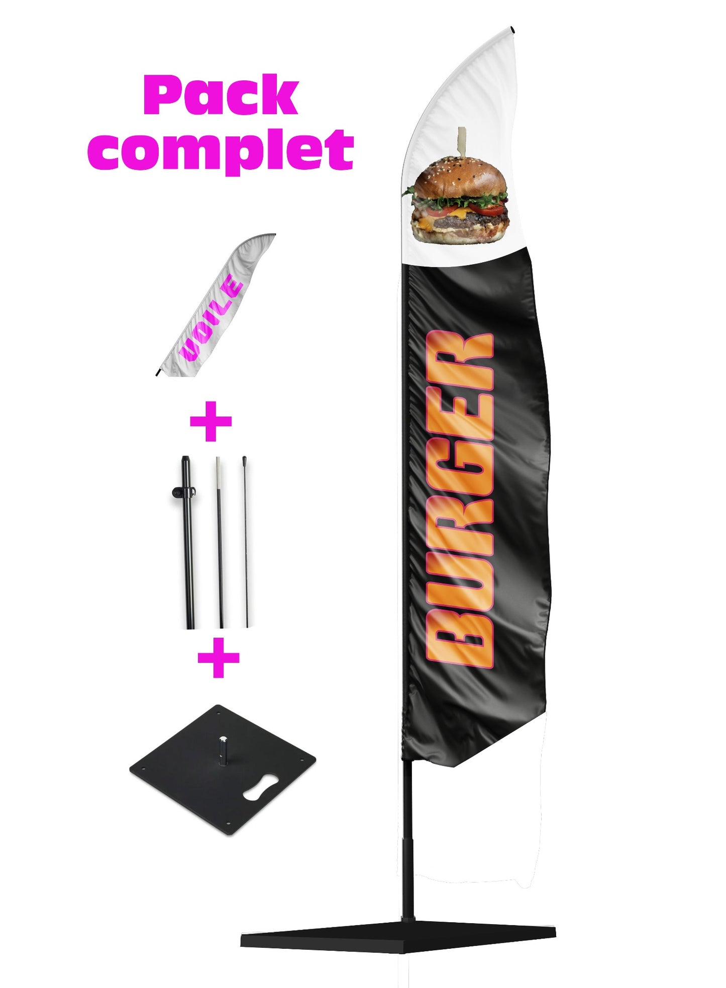 Pack complet inclus dans l'achat de votre drapeau publicitaire burger