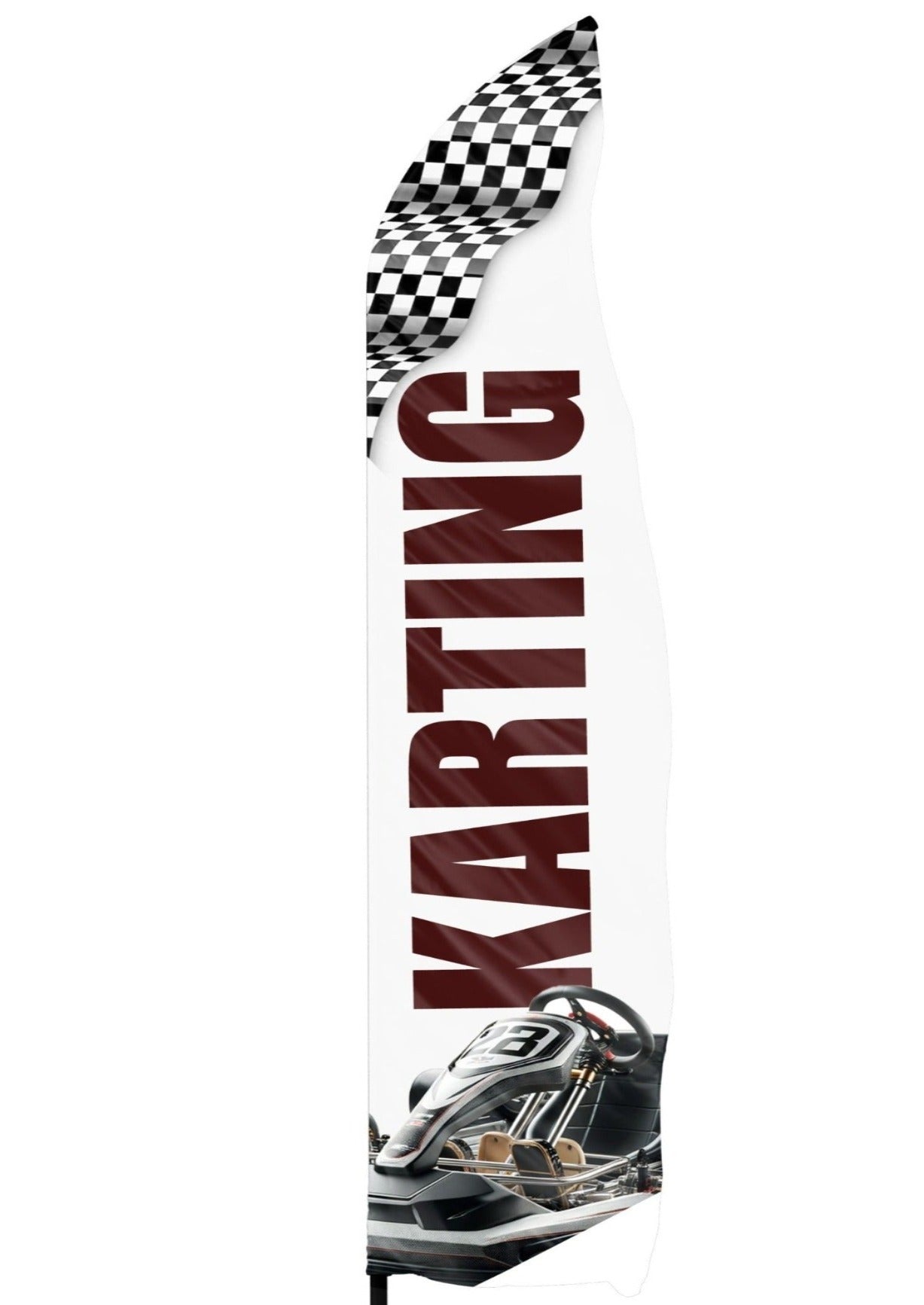 Voile seule d'une drapeau publicitaire karting avec un drapeau à damier un kart et une inscription karting