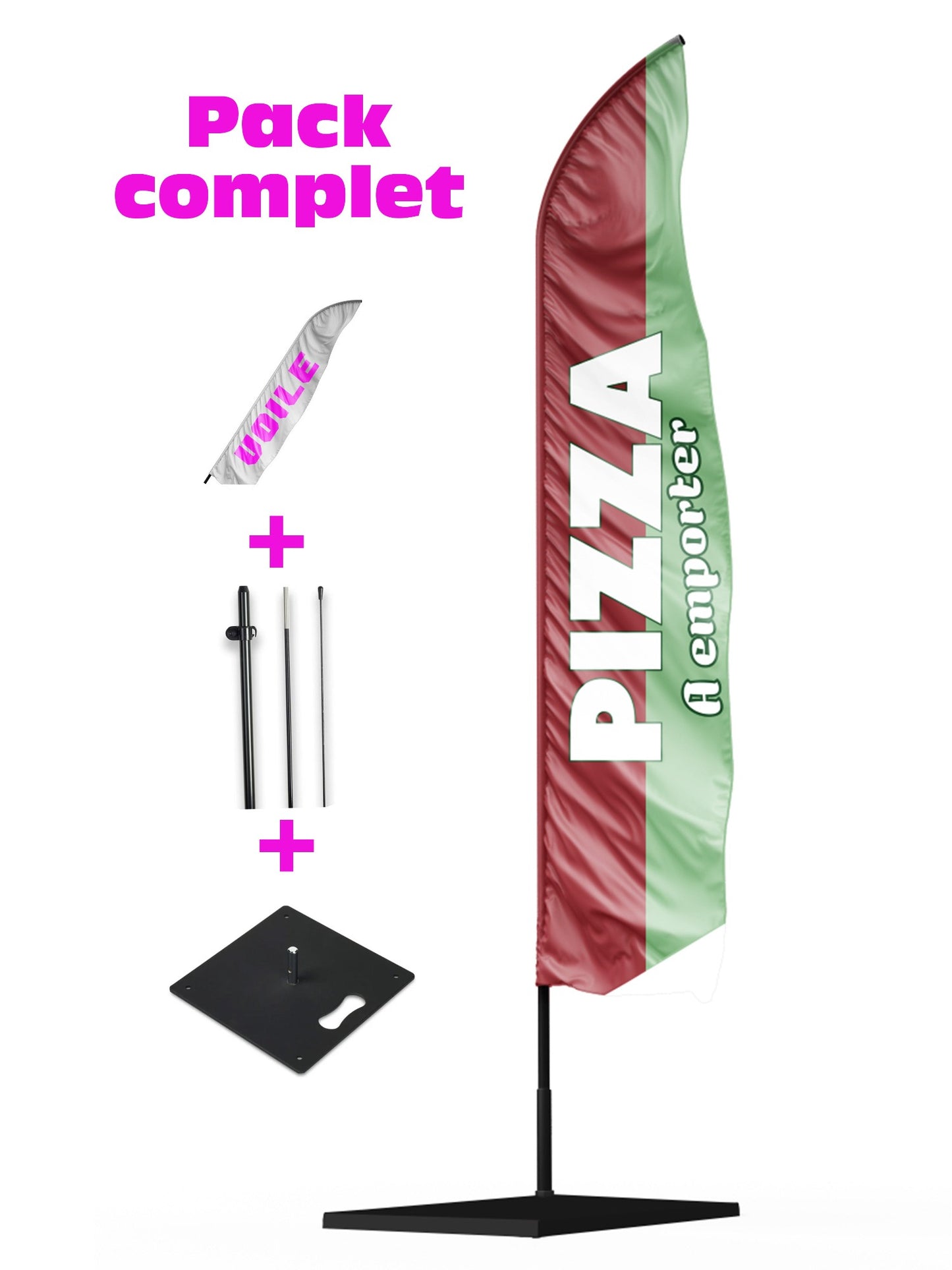 Oriflamme Pizza à emporter rouge et vert pistache livré avec son mat sa voile et son socle .