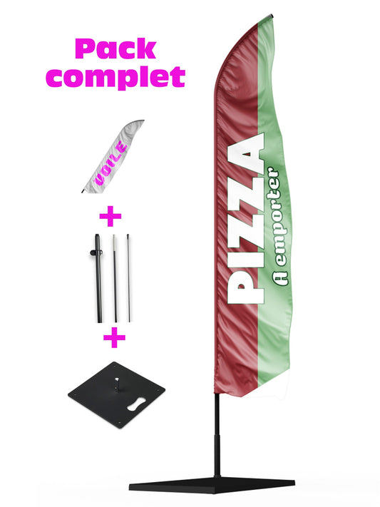 Oriflamme Pizza à emporter rouge et vert pistache livré avec son mat sa voile et son socle .
