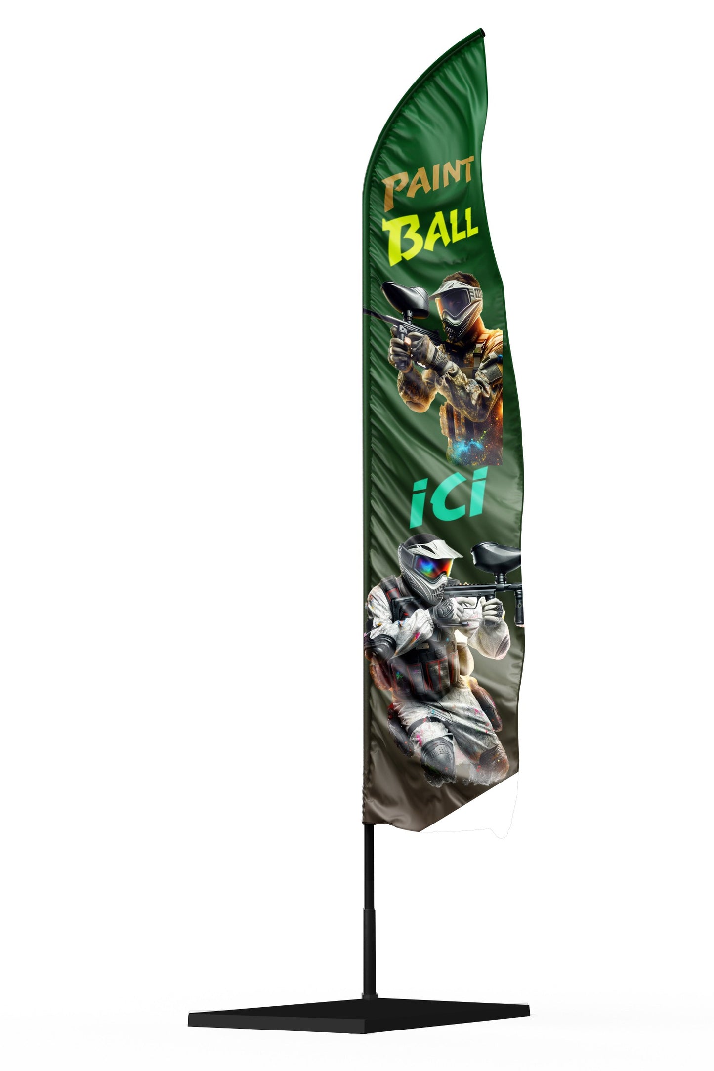 drapeau oriflamme paintball airsoft vert foret avec deux tireurs et un marquage paintball ici