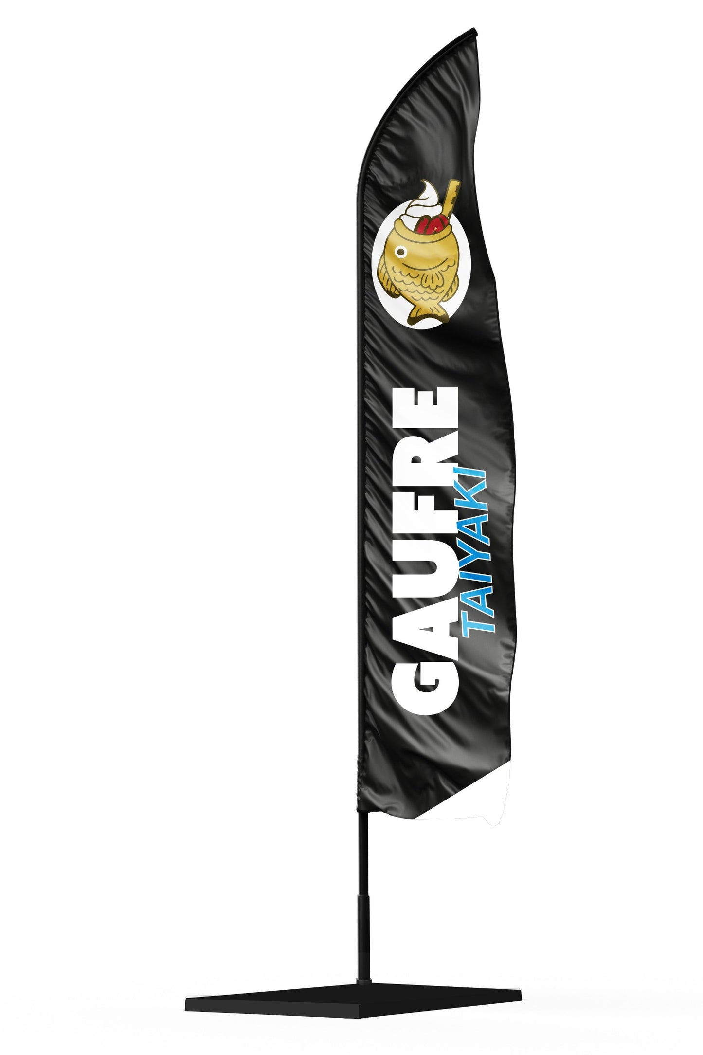Drapeau oriflamme noir avec marquage blanc large gaufre tayaki en bleu avec un poisson en forme de gaufre garnie