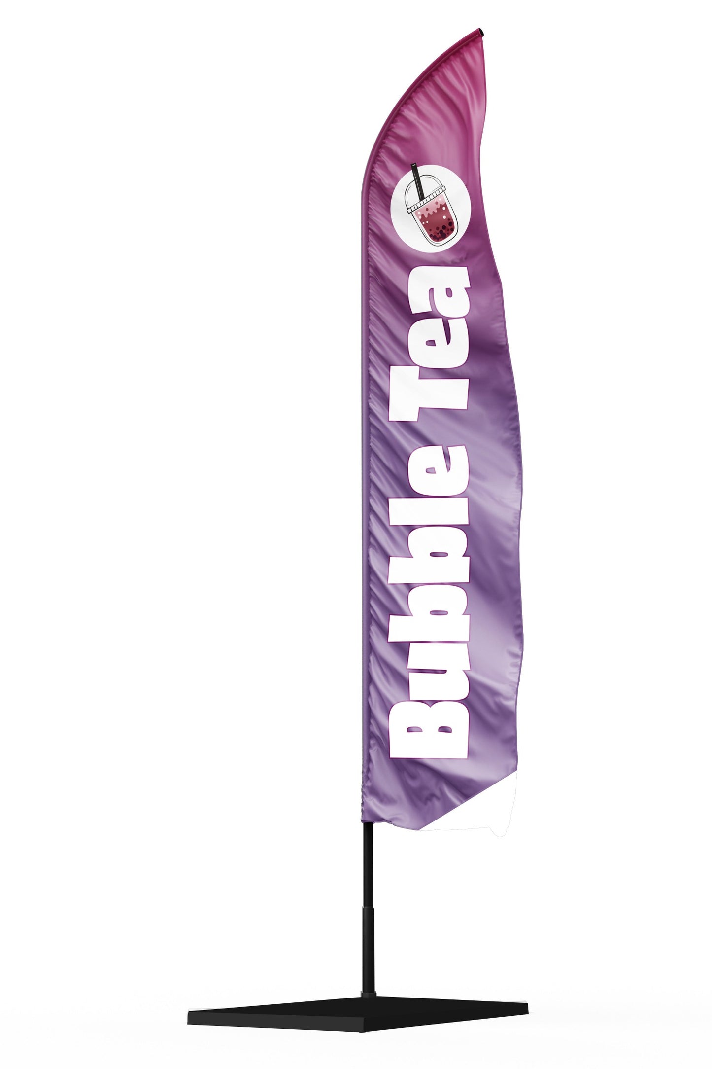 Nouveau fly banner bubble tea avec un marquage blanc, un dégradé violet en fond et un bubble tea avec une paille en haut de la voile