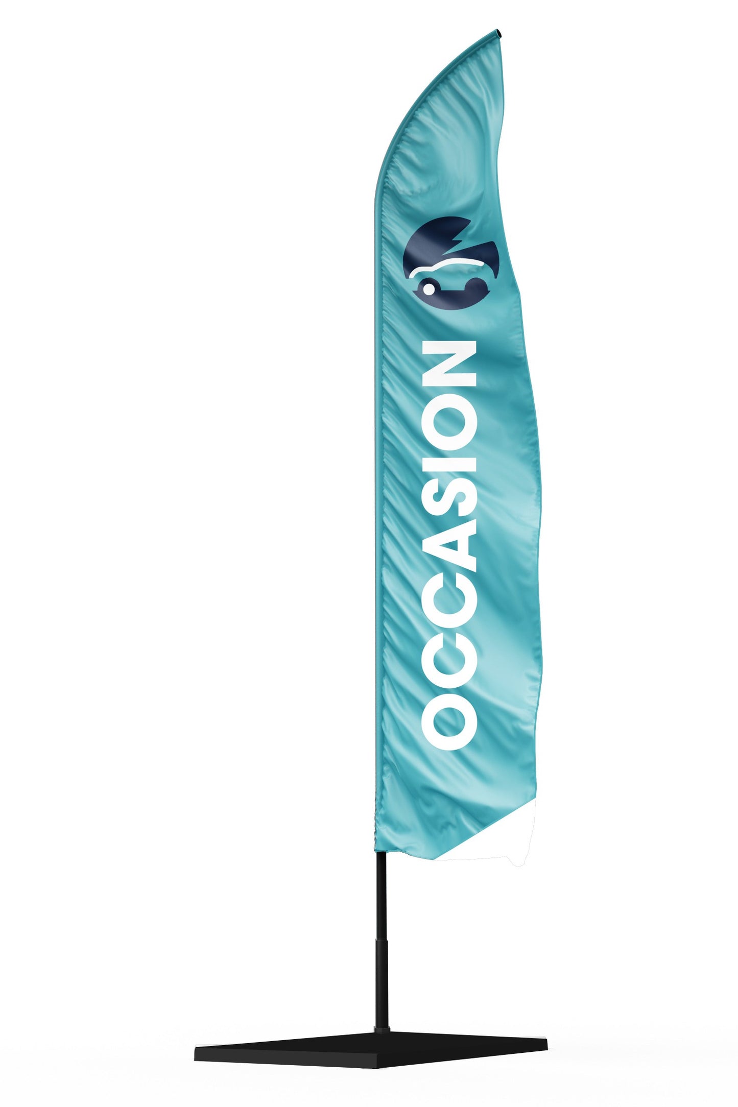 Drapeau publicitaire voiture electrique occasion avec ecriture blanche et logo en haut de la voiel