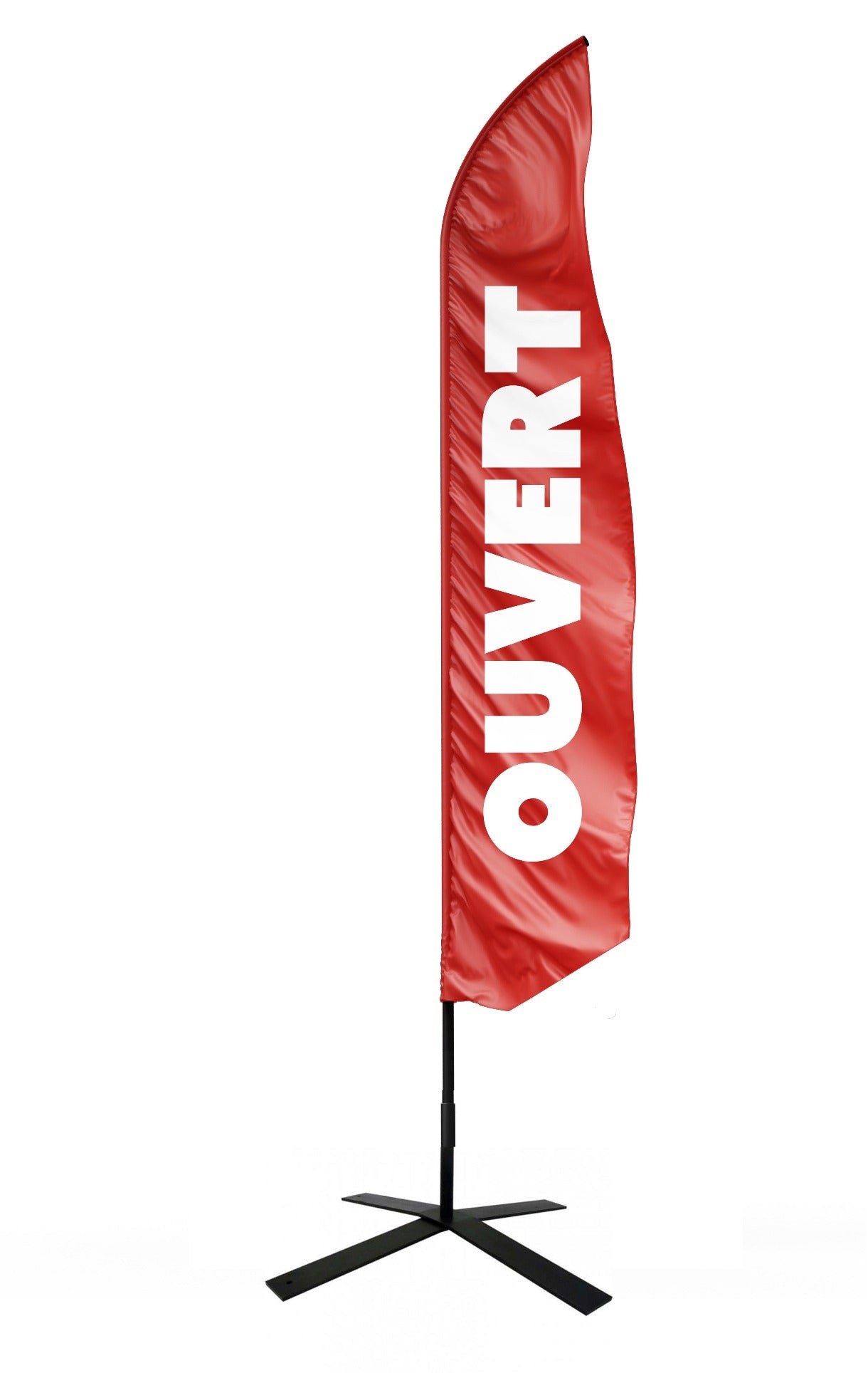 Drapeau rouge avec une inscription blanche ouvert et pied en croix avec bouée de lestage