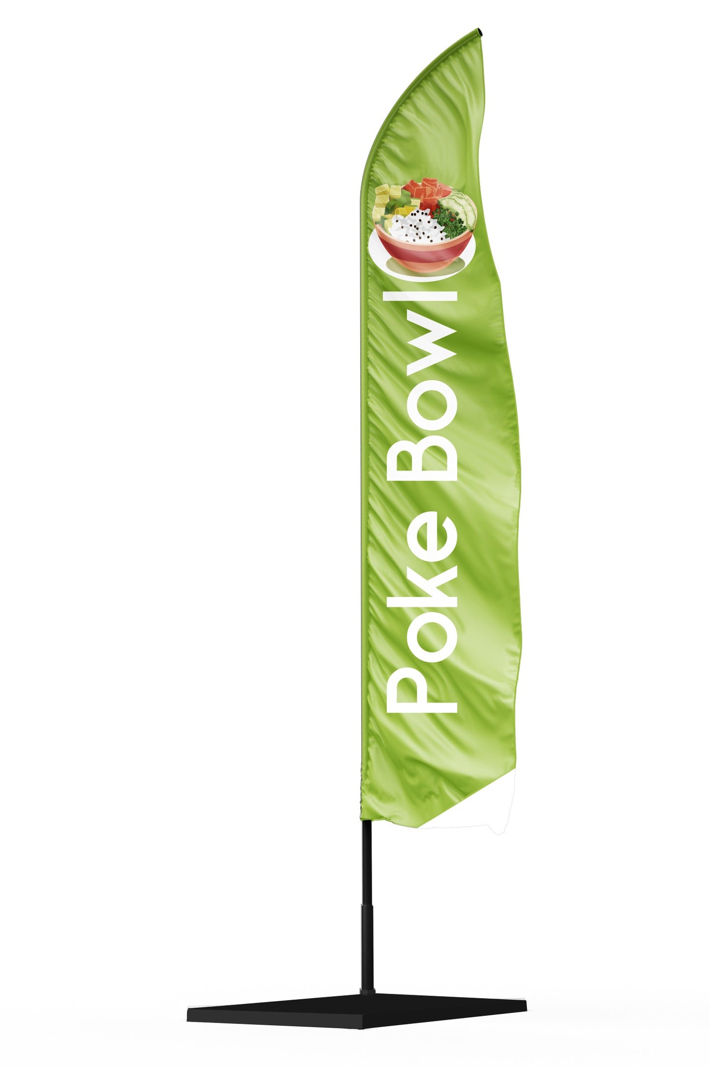 Drapeau oriflamme publicitraire Poke bowl avec une voile vert un marquage blanc et un dessin de poke bowl pour être visible de loin