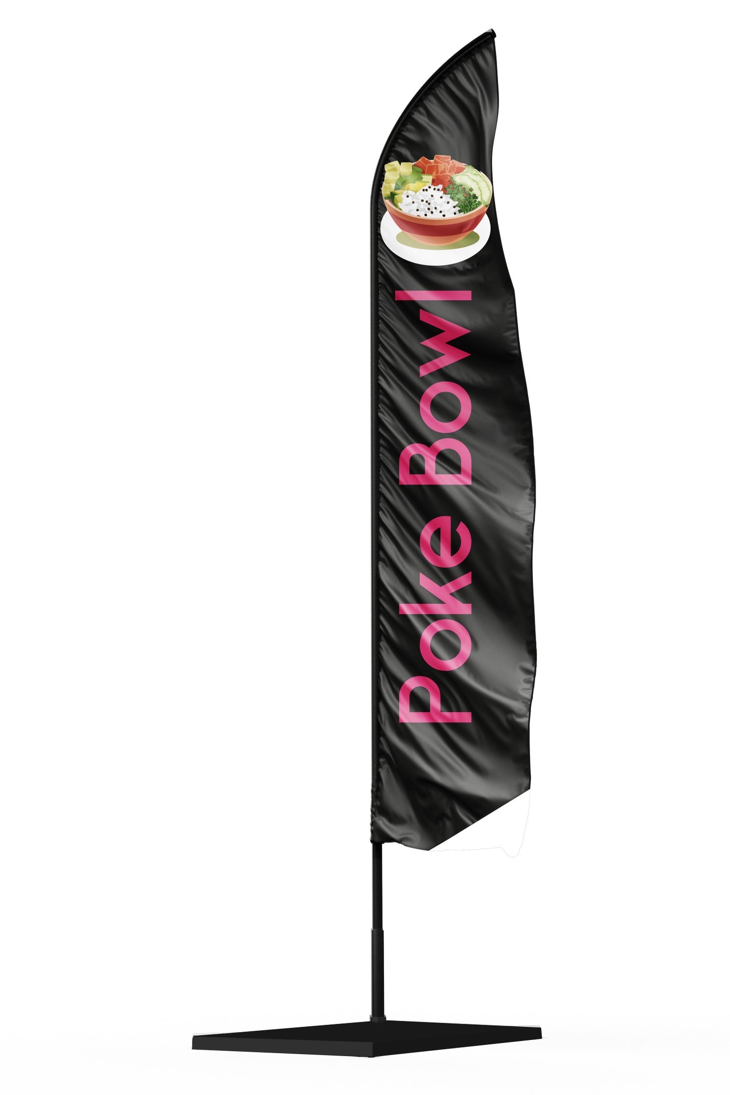 Drapeau oriflamme publicitraire Poke bowl avec une voile noir un marquage violet et un dessin de poke bowl pour être visible de loin