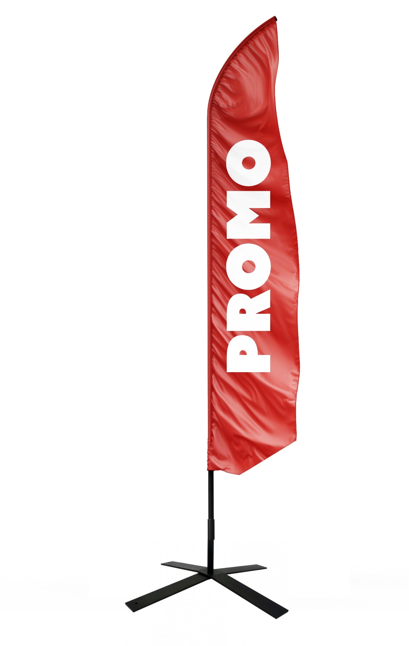 Drapeau à la voile rouge avec une inscription blanche promo et pied en croix avec bouée de lestage