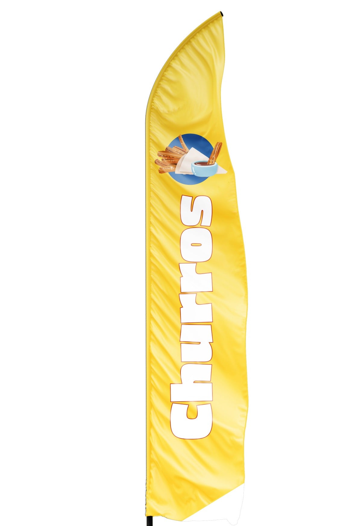 Voile seule de drapeau oriflamme jaune avec une écriture blanche churros et un dessin de churros au dessus du marquage pour être visible de loin