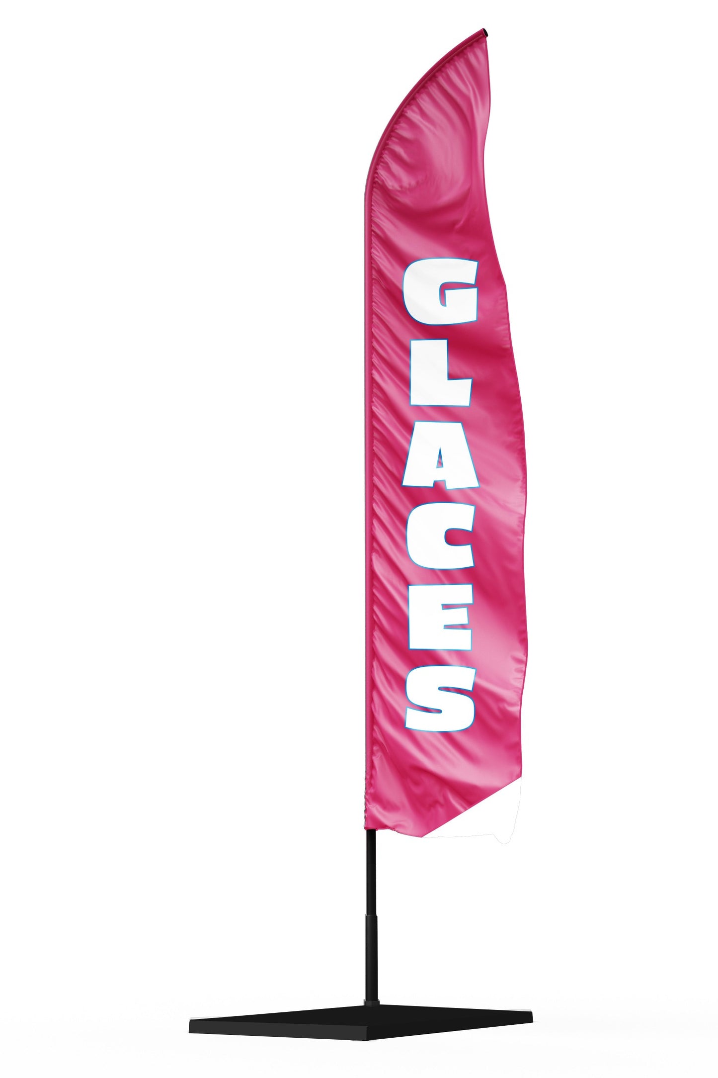 drapeau publicitaire oriflamme rose avec une écriture blanche bold. socle en fonte et mat résistant.