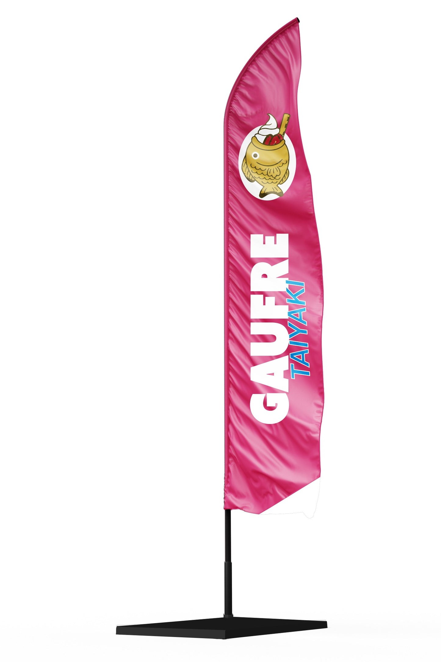 Drapeau oriflamme rose avec marquage blanc large gaufre tayaki en bleu avec un poisson en forme de gaufre garnie