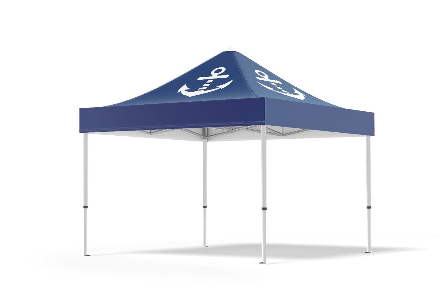 Tente pliable type barnum avec une voile bleu et un logo blanc d'une ancre marine pour accueillir les activités nautiques