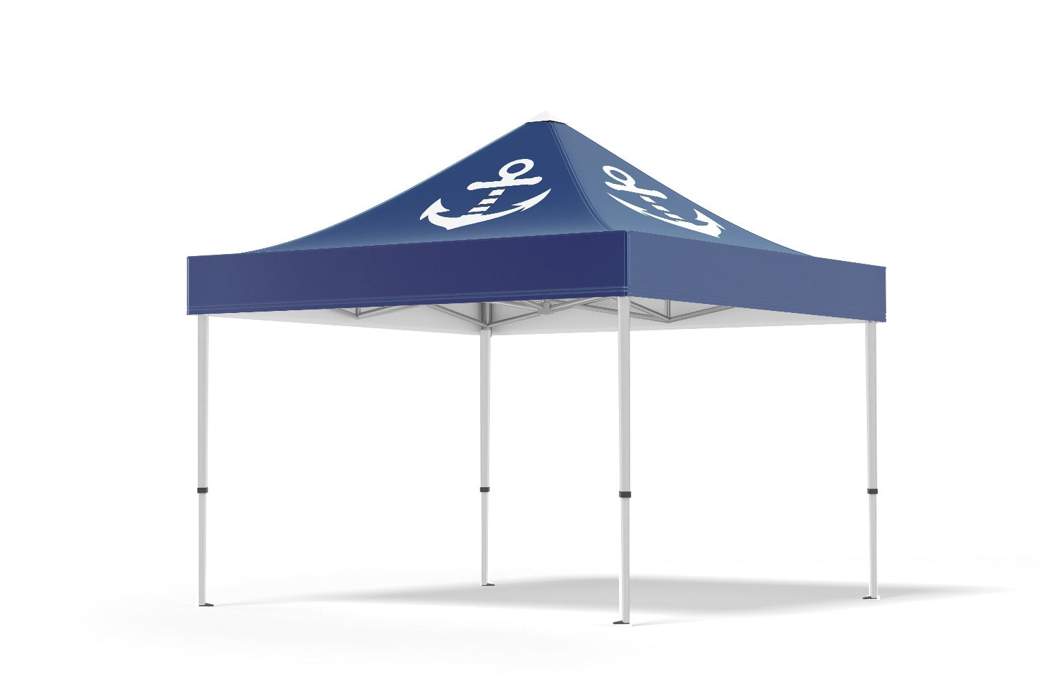 Tente pliable type barnum avec une voile bleu et un logo blanc d'une ancre marine pour accueillir les activités nautiques