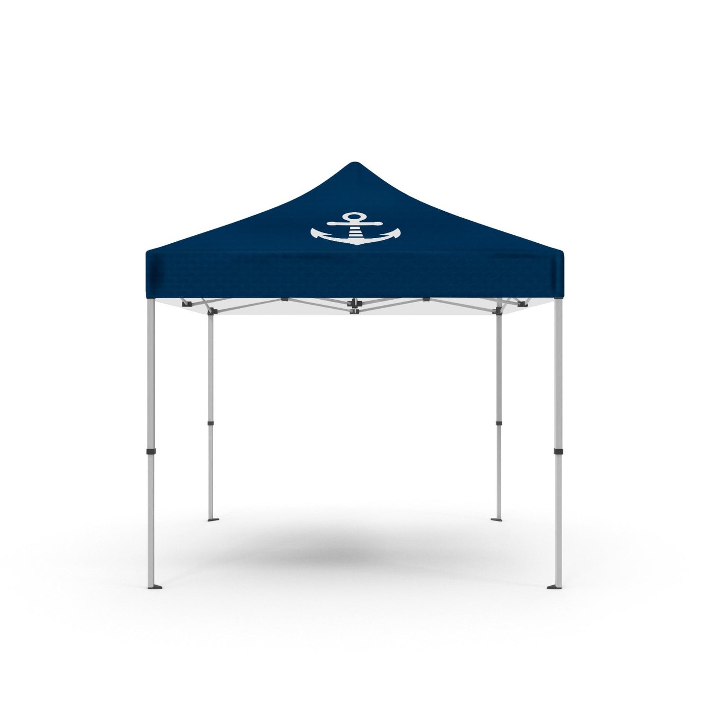 Tente pliable type barnum avec une voile bleu et un logo blanc d'une ancre marine pour accueillir les sports nautiques