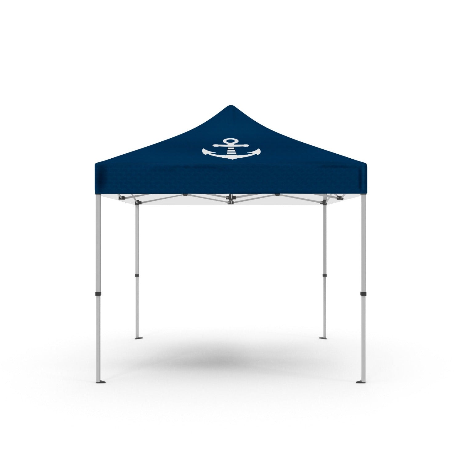 Tente pliable type barnum avec une voile bleu et un logo blanc d'une ancre marine pour accueillir les sports nautiques