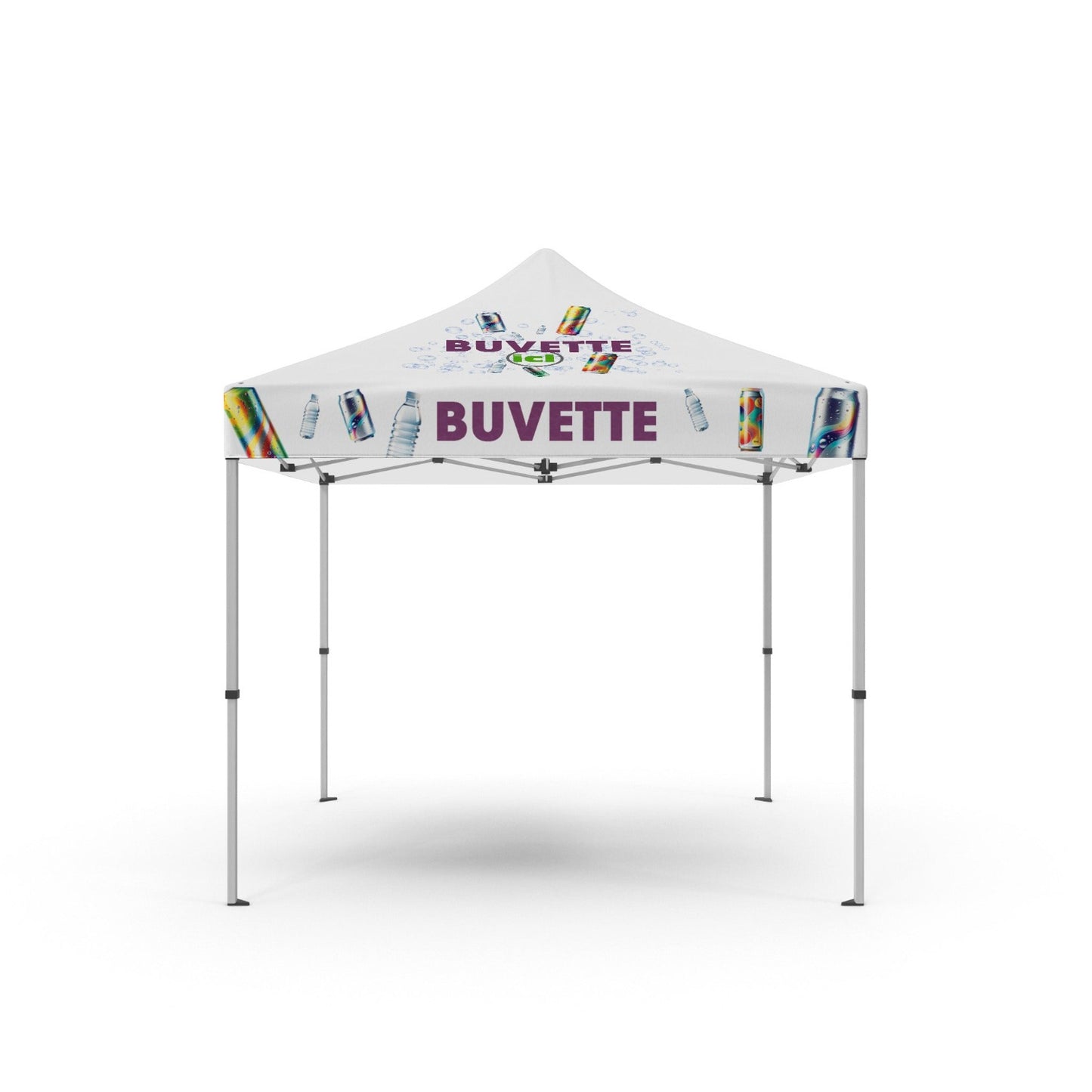 Tente pliable vue de face avec une inscription buvette et des canettes de soda et de bouteille d'eau. ICI est ajouté sur la toile du haut pour que les passant voient de loin le spot pour se rafraichir.