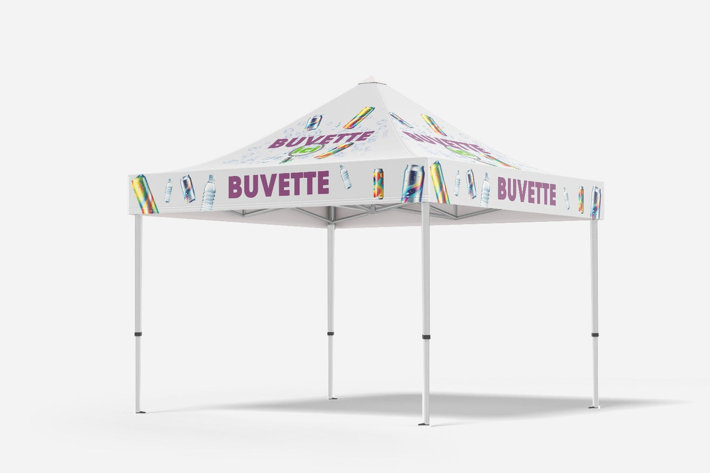 Tente pliable et personnalisable avec une inscription buvette et des canettes de soda et de bouteille d'eau. ICI est ajouté sur la toile du haut pour que les passant voient de loin le spot pour se rafraichir.