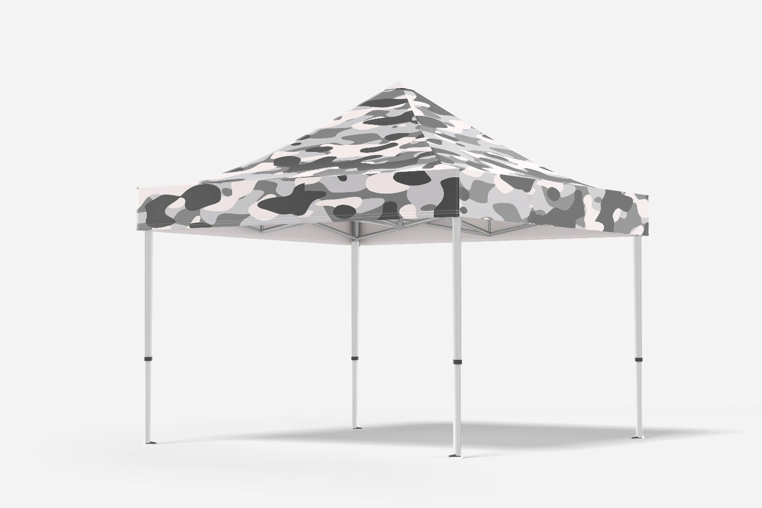 tente camouflage pliable type barnum au couleur artique aux nuances de gris et blanc