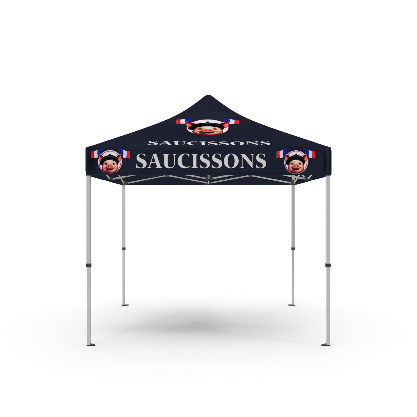 Vue de face de la tente pliable saucisson de couleur bleu nuit avec un cochon qui porte un beret et des drapeau de la france des deux cotés