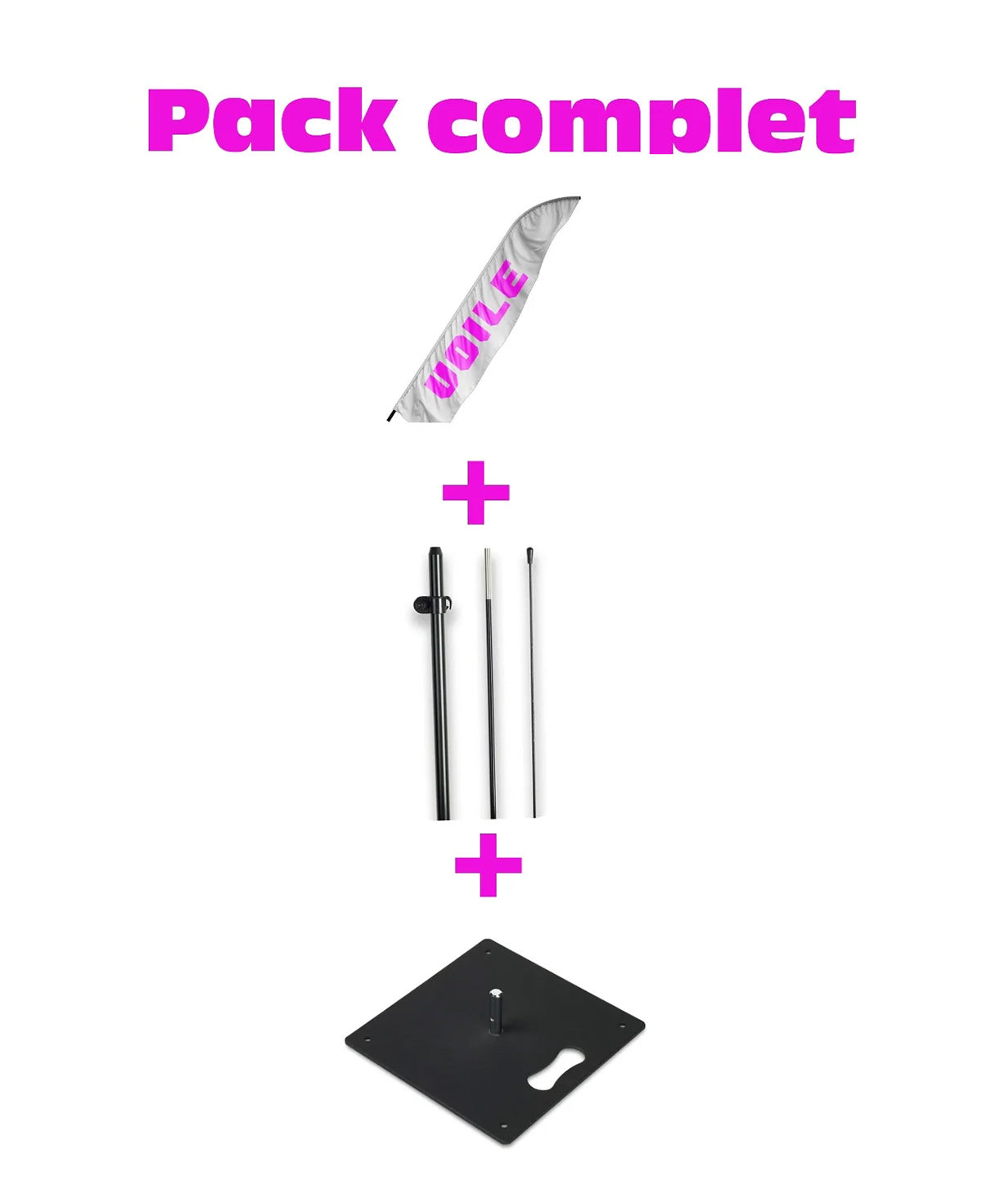 Tous nos drapeaux publicitaires sont composés : d'une voile, d'un mat téléscopique et d'une base 4kg