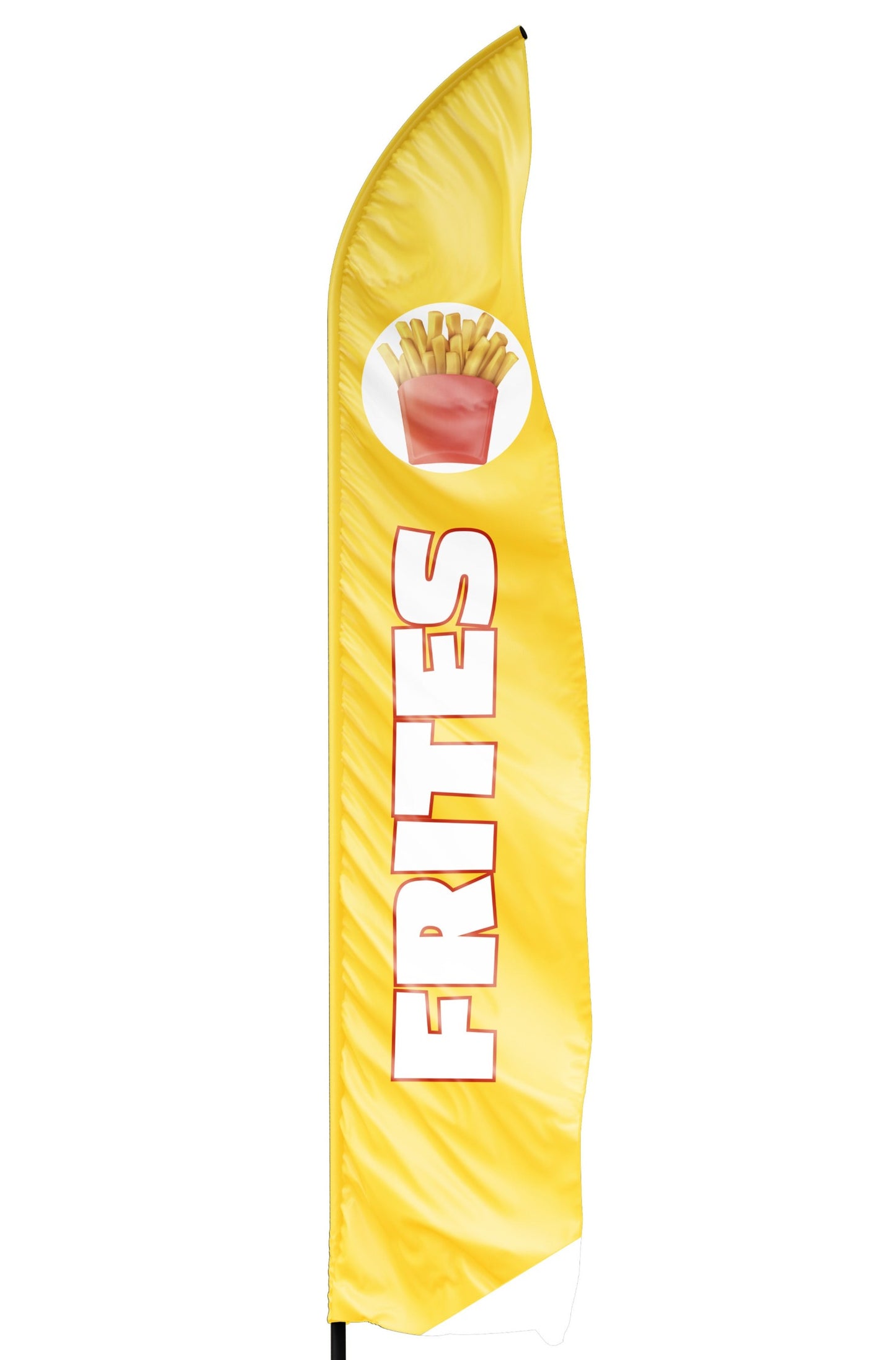 Voile seule frites d'une couleur jaune avec un grand marquage frites blanc et un cornet de frites en haut de la voile pour être visible de loin par les passant.