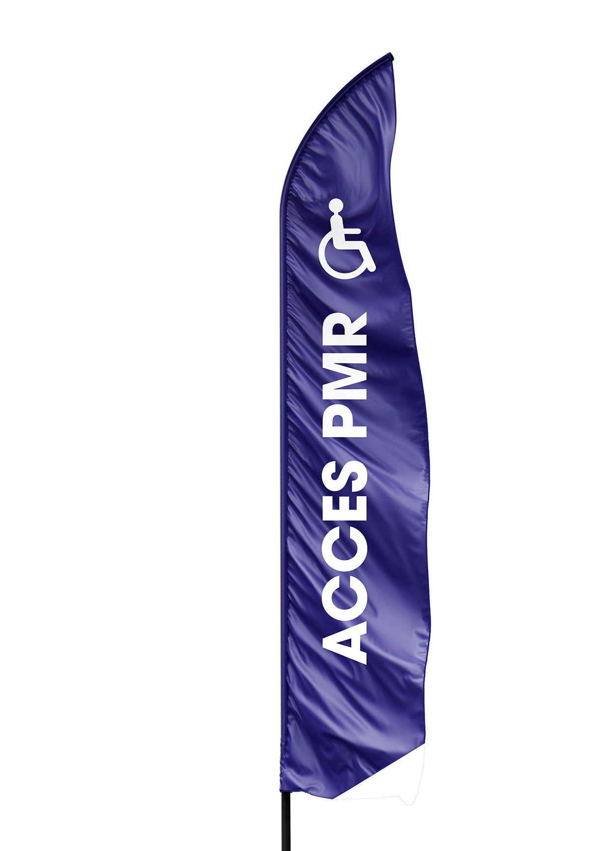 Voile seule bleu avec un marquage blanc acces pmr avec un pictogramme en haut de la voile