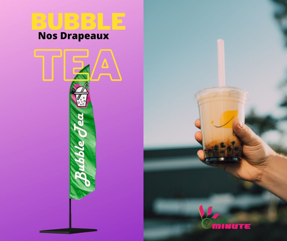 Drapeau oriflamme BUBBLE TEA VERT forme aile + mat + socle