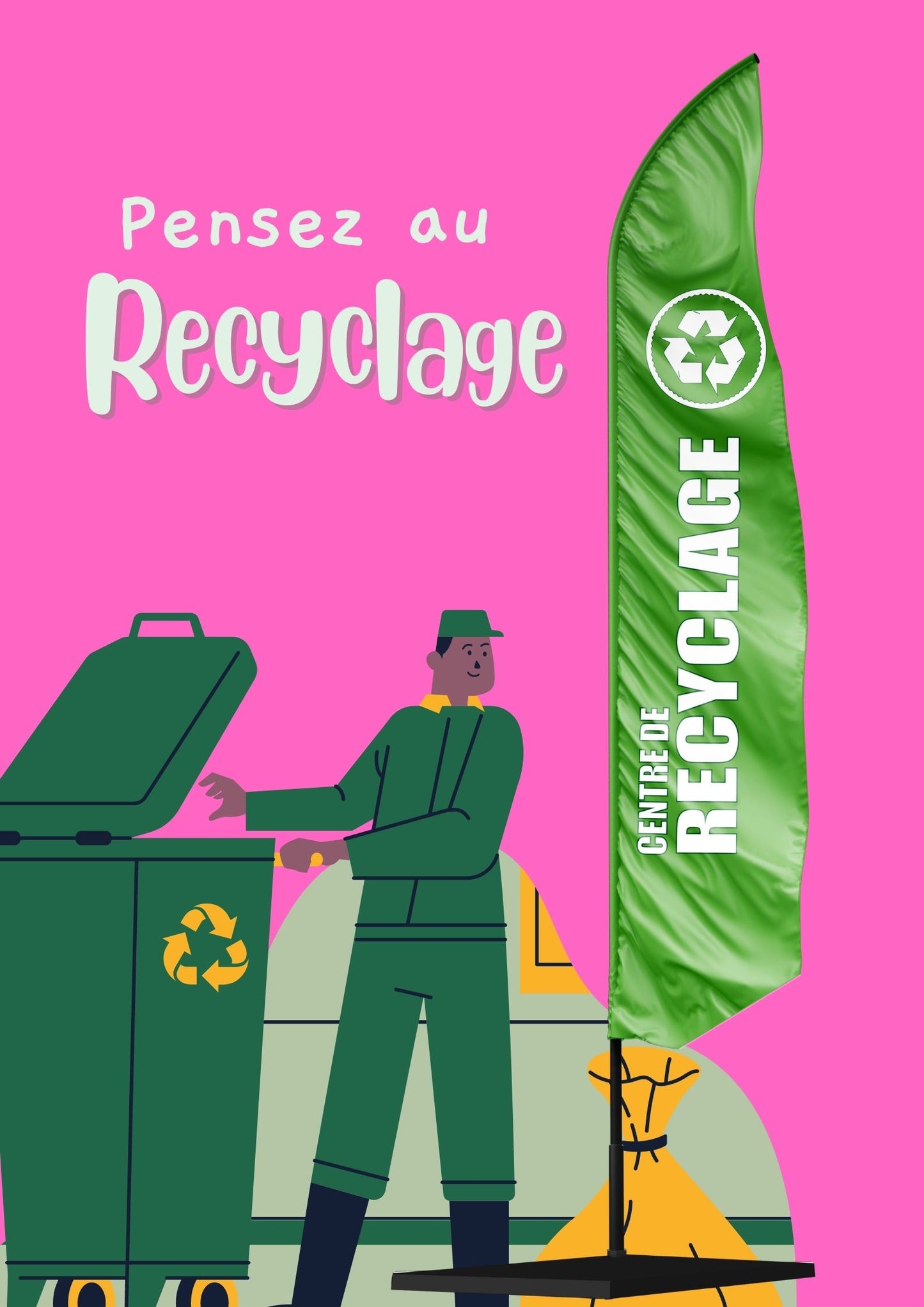 Drapeau signalétique CENTRE DE RECYCLAGE + LOGO forme aile + mat + socle
