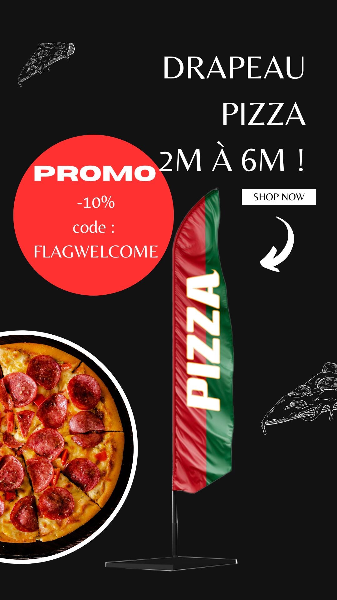 Drapeau oriflamme PIZZA forme aile + mat + socle