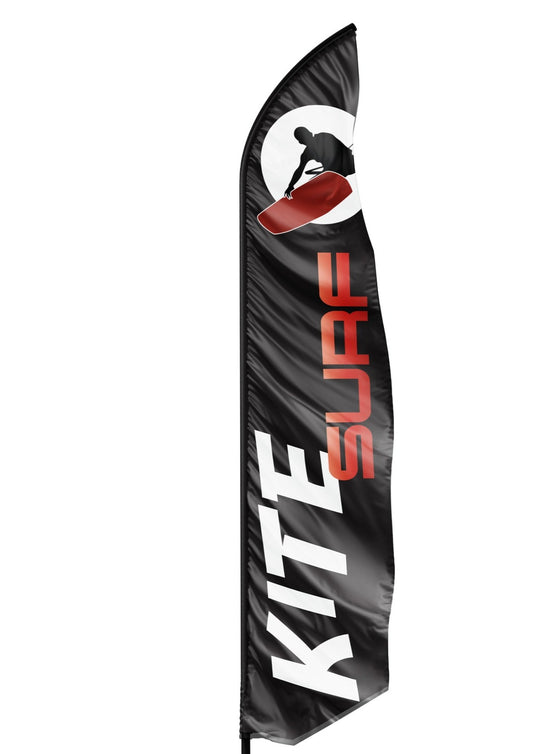 voile drapeau oriflamme publicitaire kite surf sur fond noir avec logo et grande écriture