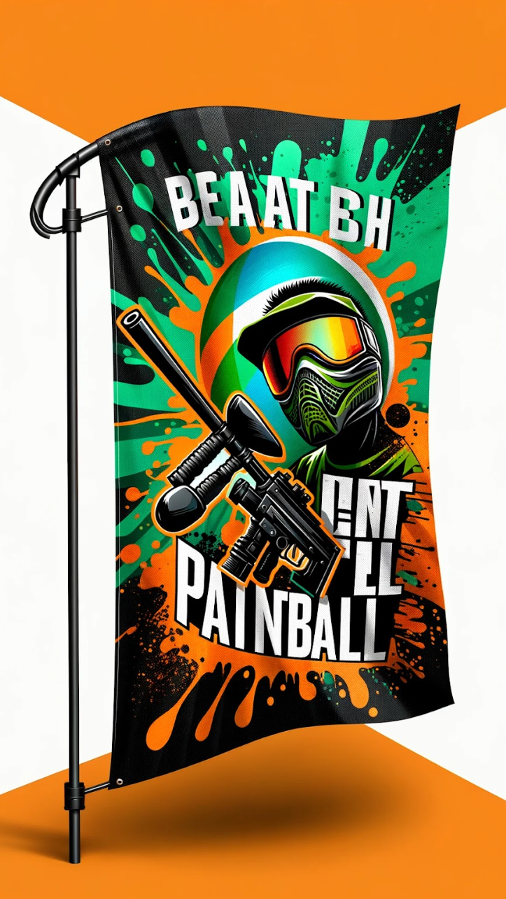 un drapeau publicitaire pour promouvoir les activités de paintball