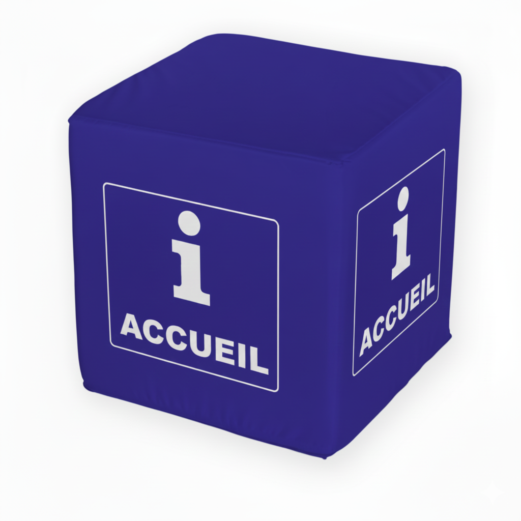 Cube accueil personnalisable bleu marine avec inscription 'ACCUEIL' et pictogramme 'i' blanc, idéal pour les salons, foires et événements professionnels.