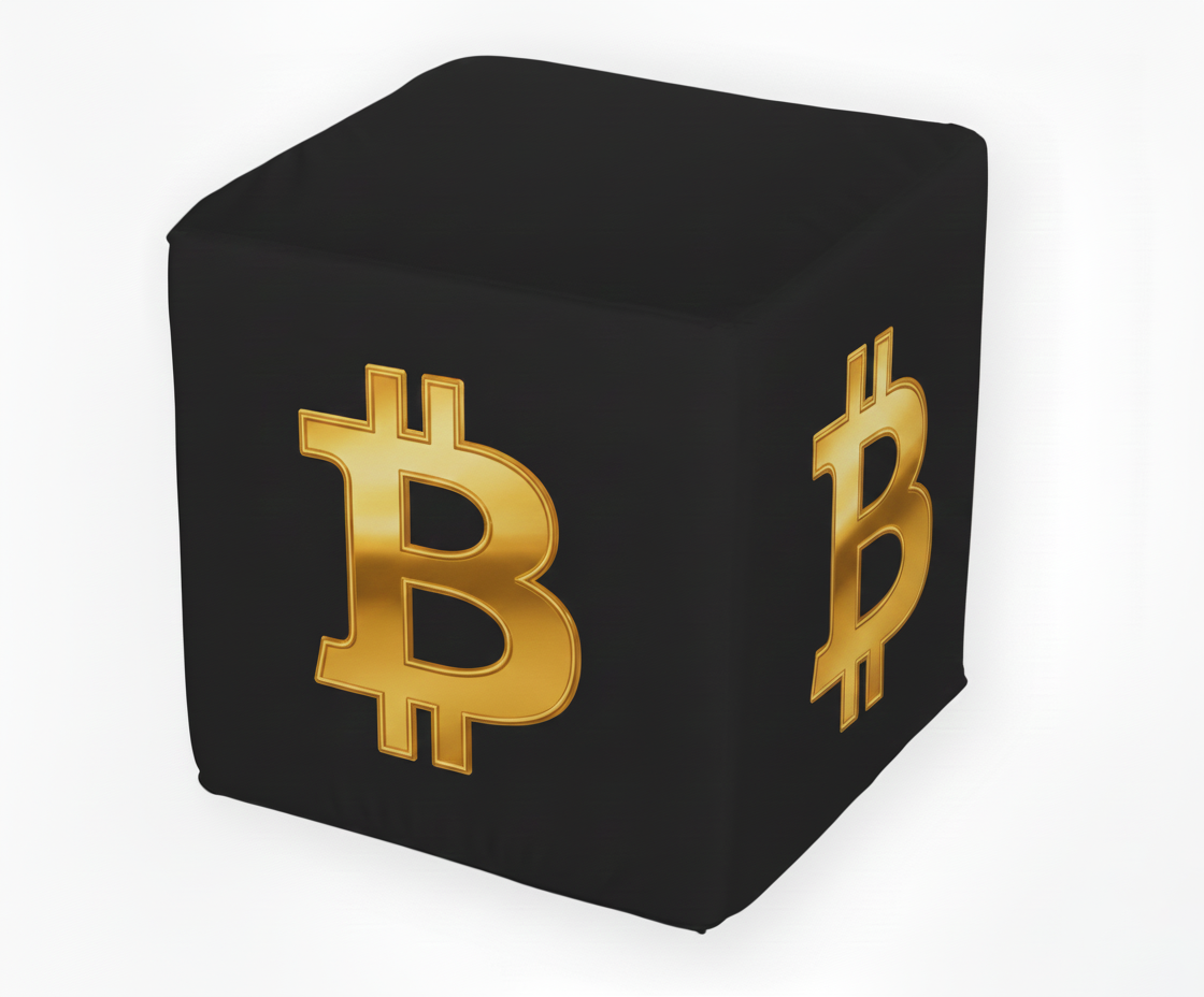 Cube publicitaire noir avec logo Bitcoin doré, hauteur 40 cm, idéal pour les salons, conférences et événements dédiés aux cryptomonnaies.