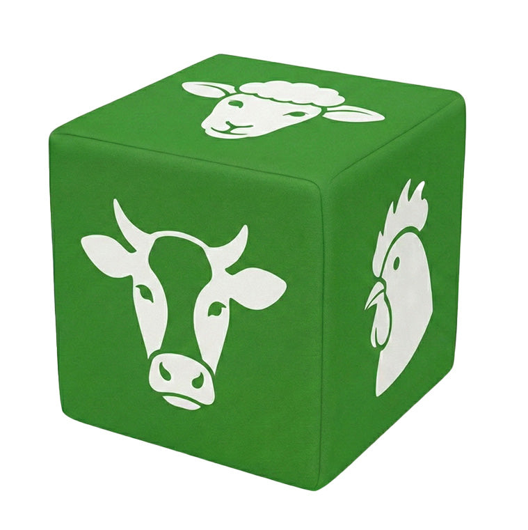 cube publicitaire au tissu de couelur verte avec des pictogramme de couleur blanche de vache mouton et coq
