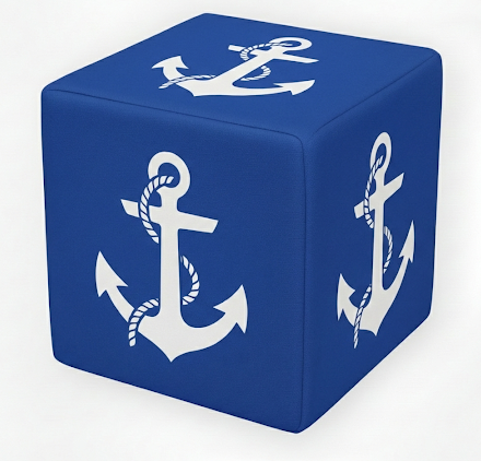 Cube publicitaire très bonne assise bleue avec une ancre marine blanche pour meubler vos stands nautique et autres événements liés à la voile