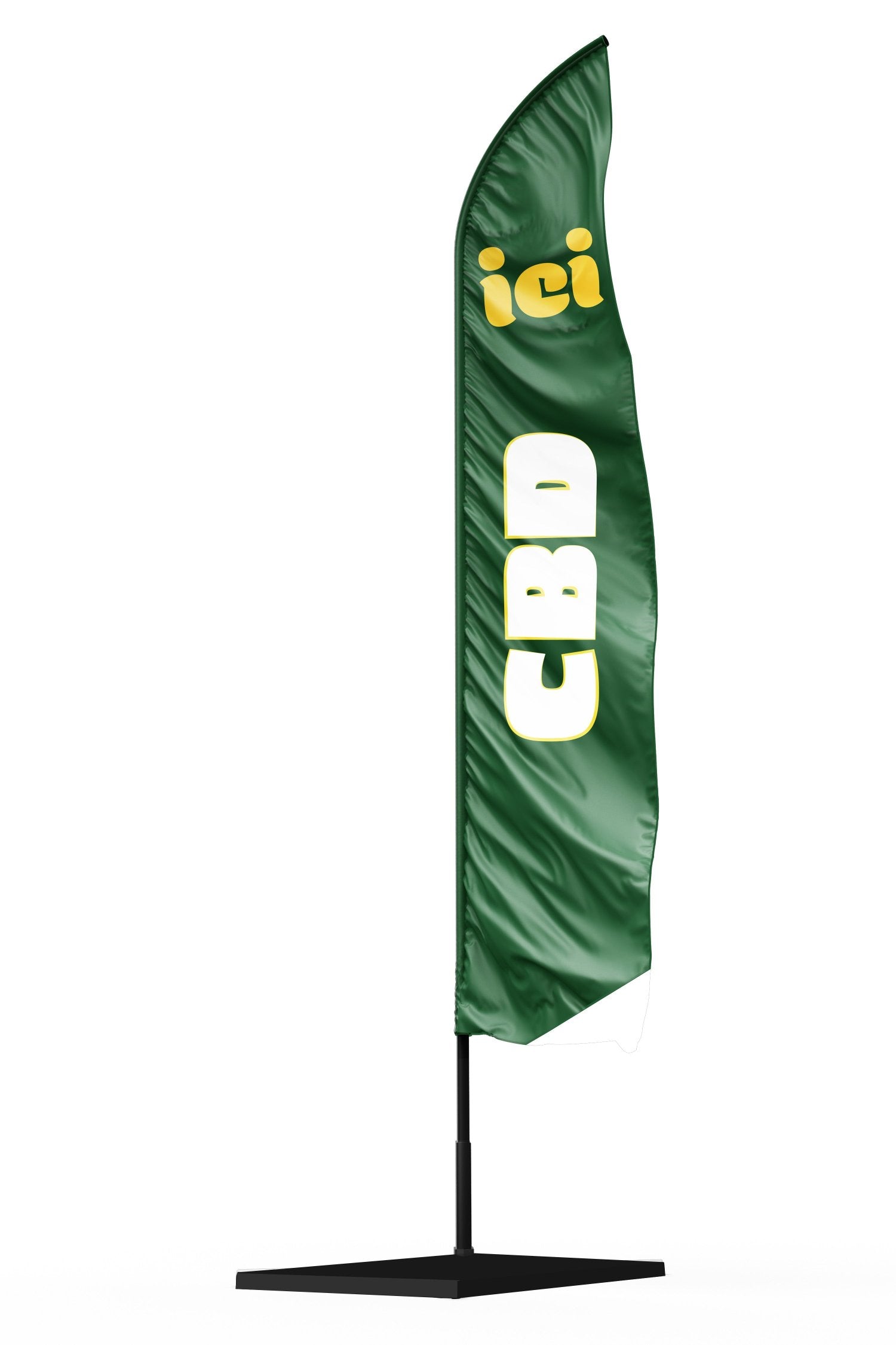 Drapeau oriflamme publicitaire de couleur verte avec un lettrage blac CBD et en haut ICI pour indiquer l'entrée de la boutique 