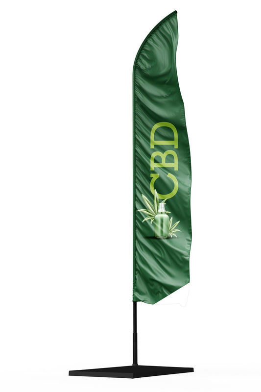 Drapeau oriflamme CBD avec un logo flacon bien-être composé d'une voile verte et d'un marquage jaune. 