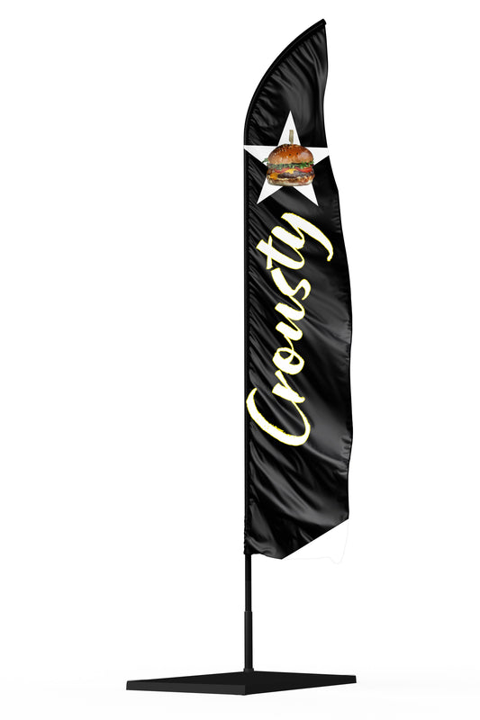 Oriflamme noir et doré publicitaire 'CROUSTY' de 2m à 6m avec illustration de burger et étoile, idéal pour les stands de street food et food trucks.