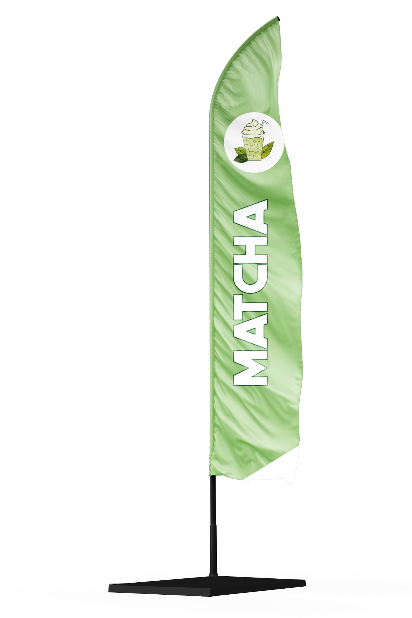 drapeau publicitaire vert clair publicitaire 'MATCHA' de 2m à 6m avec illustration de matcha latte, idéal pour les cafés et bars à boissons healthy."
