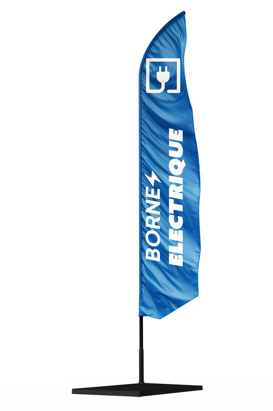 Oriflamme bleu électrique publicitaire 'BORNE ÉLECTRIQUE' de 2m à 6m avec texte en blanc et illustration de foudre, idéal pour signaler les stations de recharge 