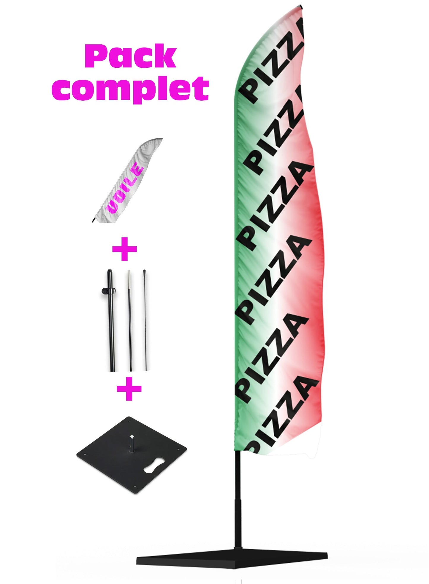 pack complet pour drapeau pizza aux couleurs de l'Italie toujours fourni avec la voile le mat et le socle fonte 