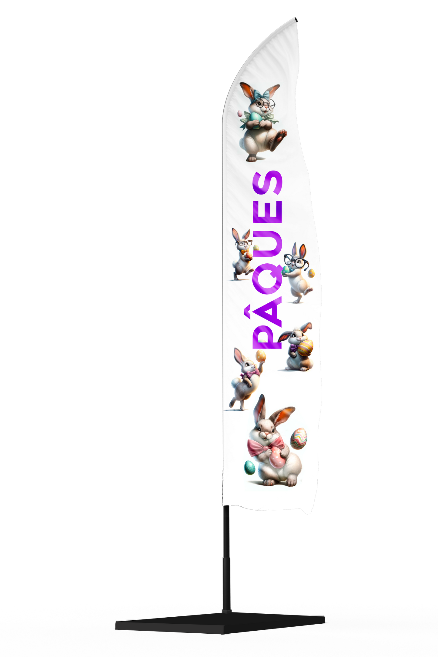 drapeau  publicitaire pâques avec une écritures violette et des lapins tout autour de l'inscription