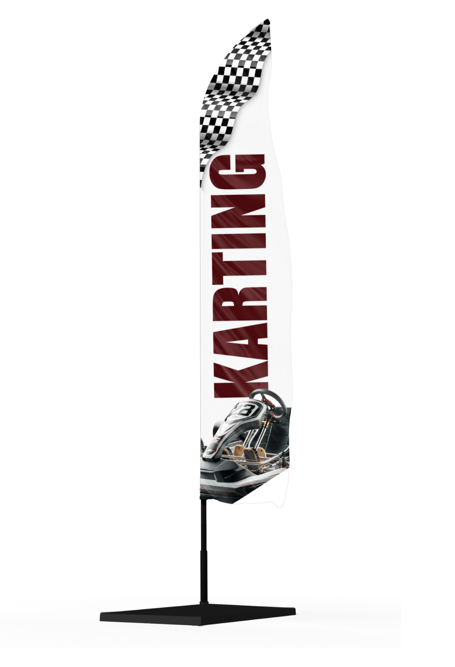 Drapeau publicitaire kartin avec un drapeau à damier en haut de la voile et un kart en bas