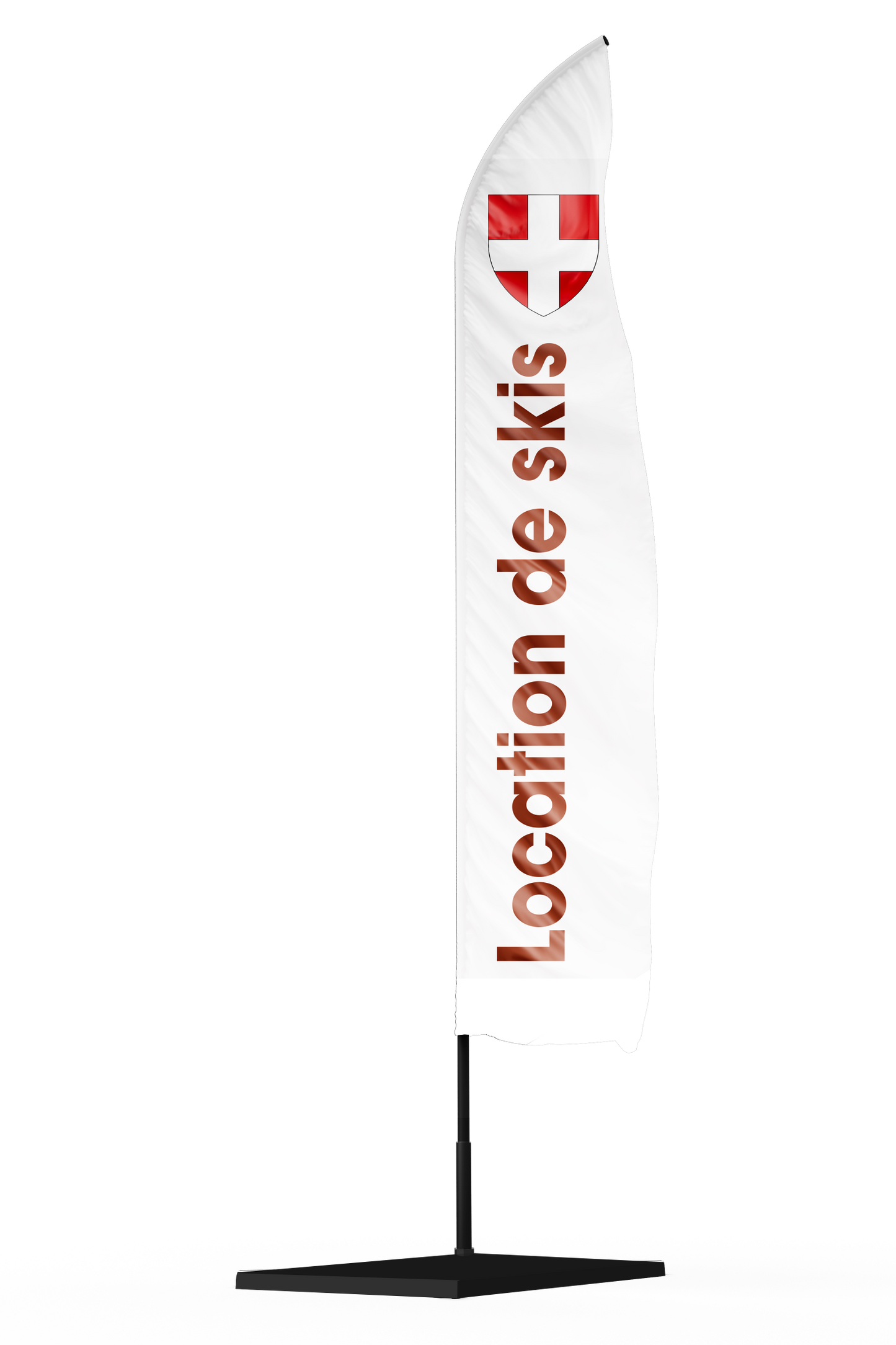 drapeau oriflamme publicitaire location de skis avec un drapeau de la Savoie en haut de la flamme
