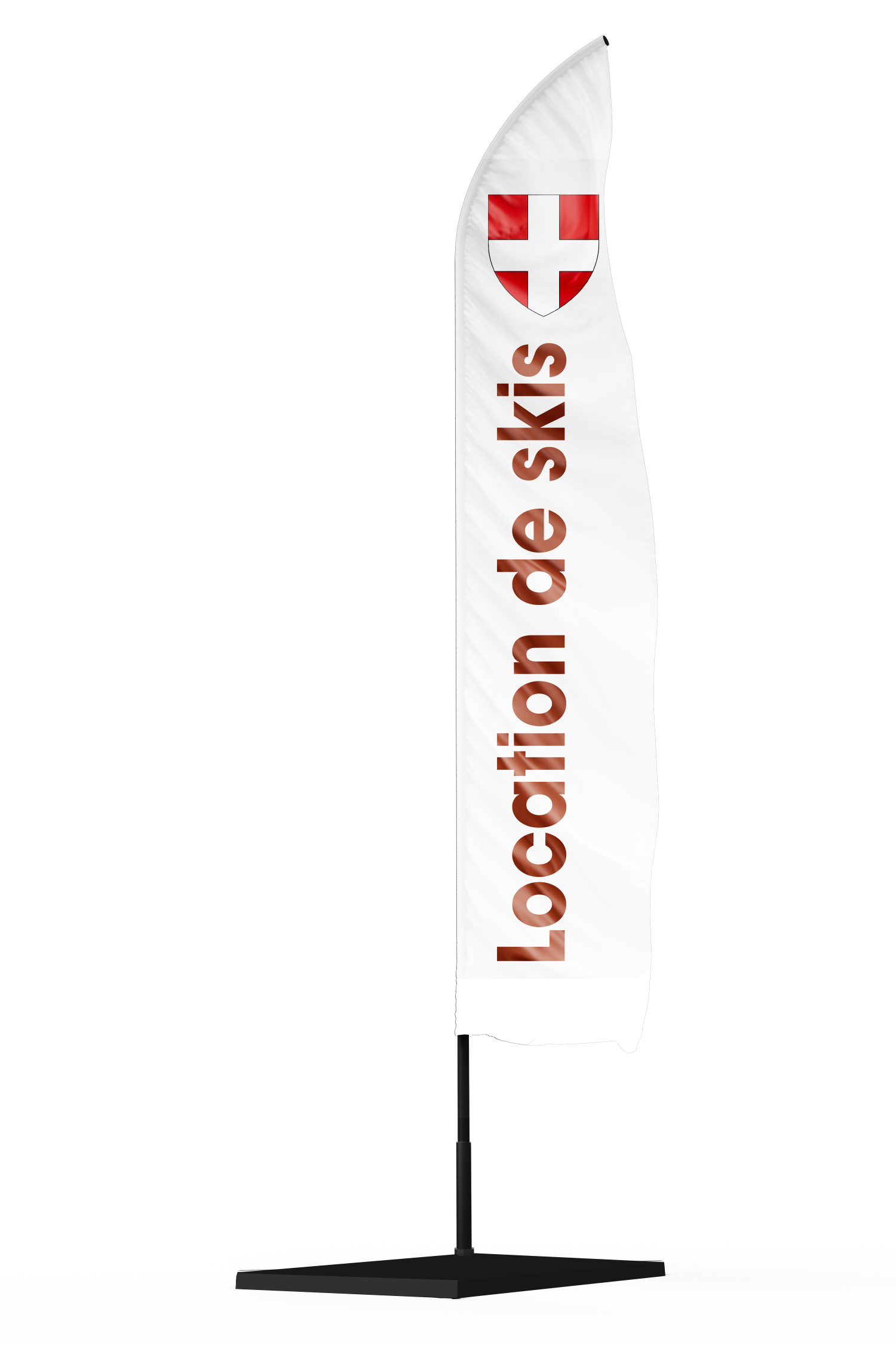 drapeau oriflamme publicitaire location de skis avec un drapeau de la Savoie en haut de la flamme