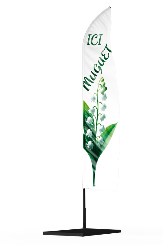 drapeau oriflamme avec un muguet realiste et une inscription verte muguet ici
