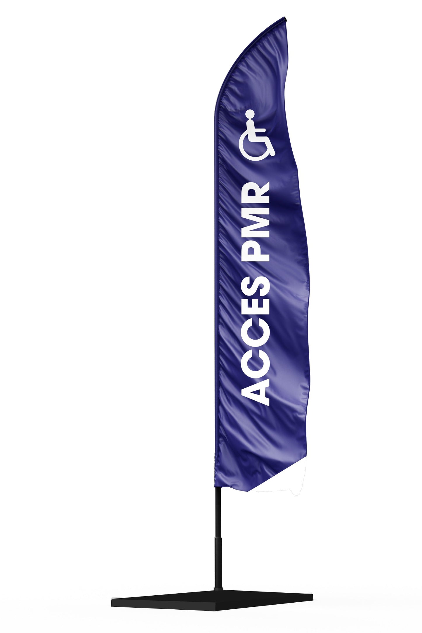 Drapeau signalétique acces pmr avec picot d'un fauteuil roulant  sur une voile bleue