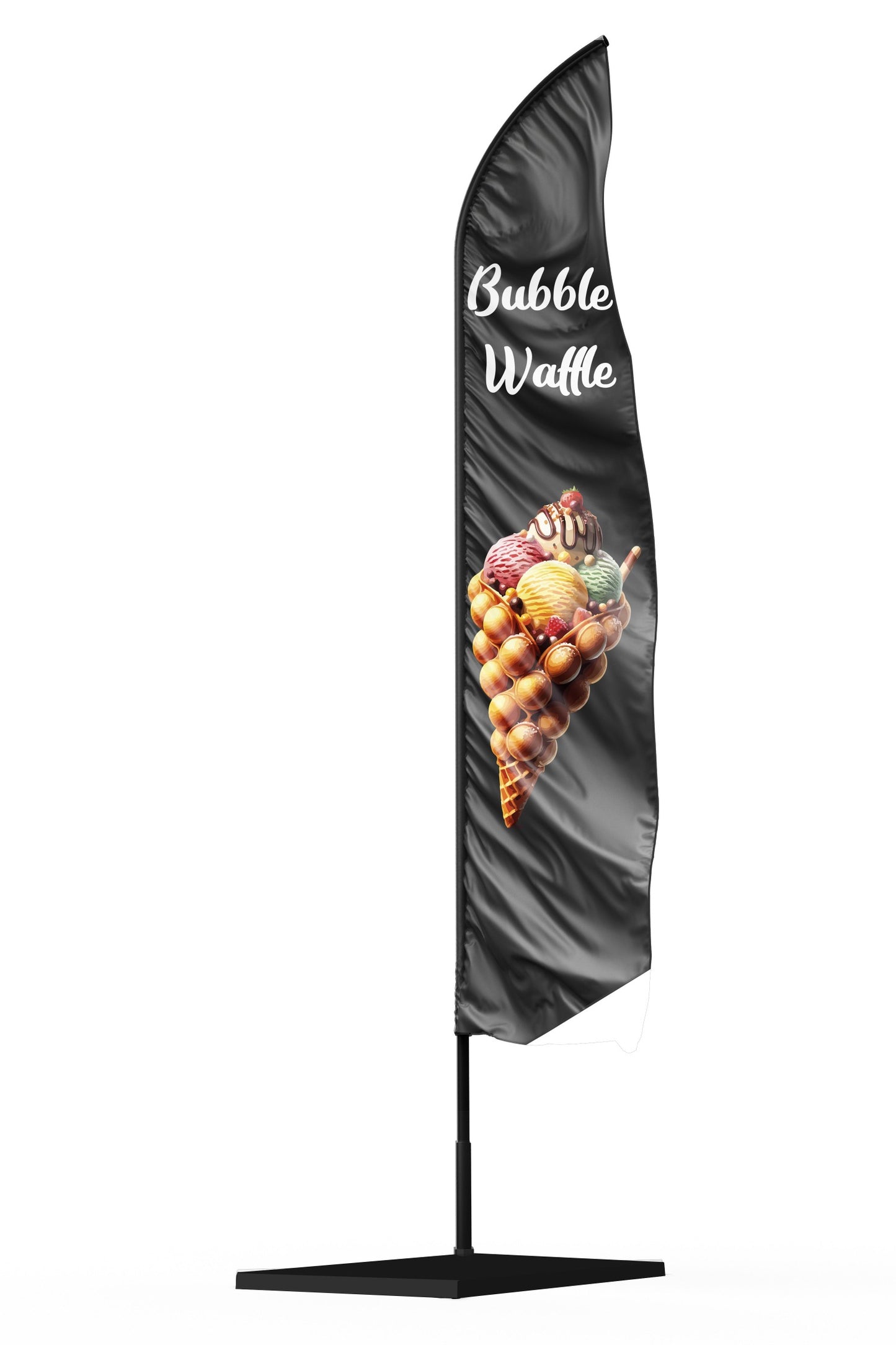 drapeau bubble waffle avec un cornet de bubble waffle en 3d sur fond noir